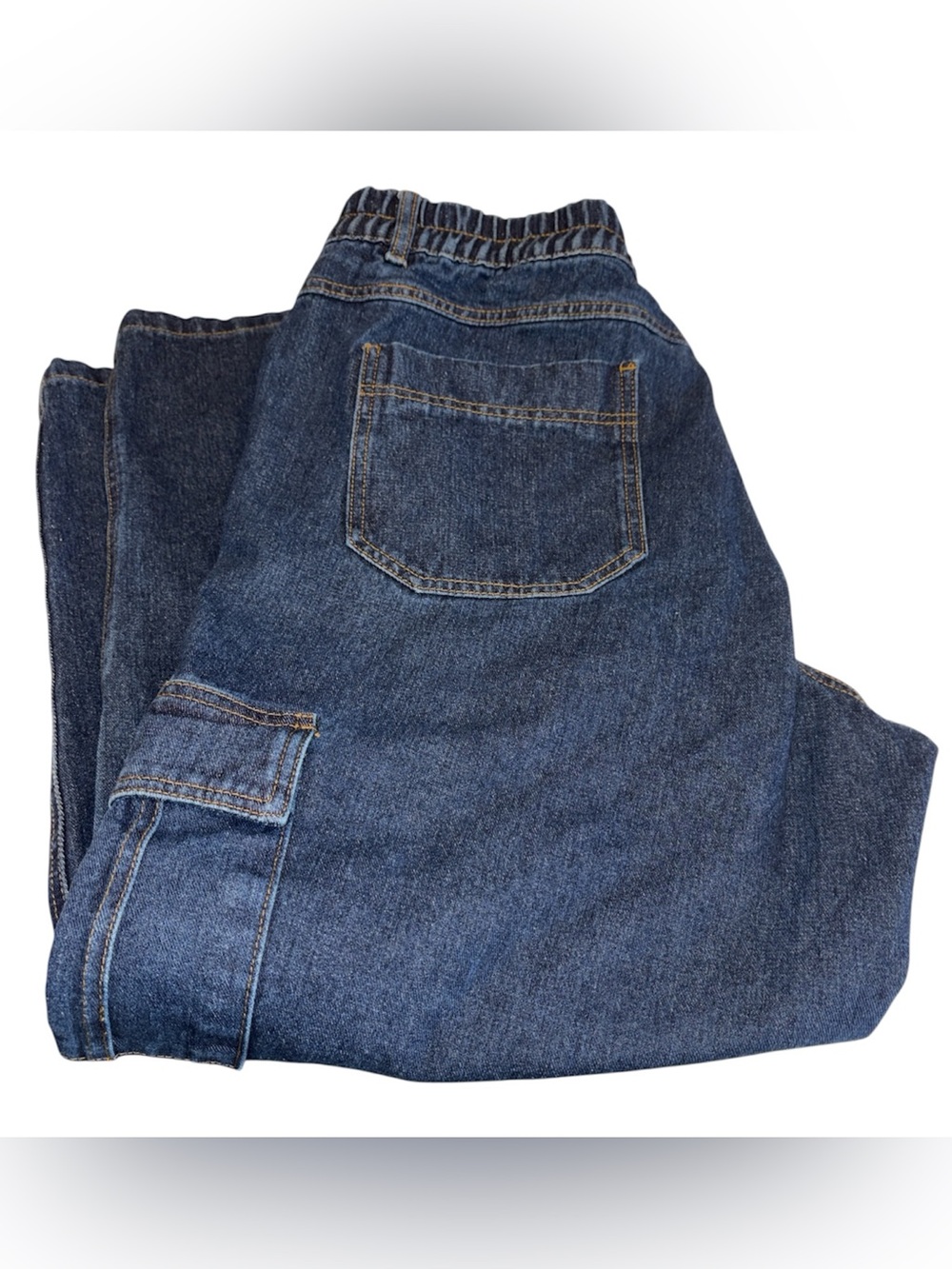 Dark Blue Denim Jeans Cargo Style button/zipper closure elasticized Size 42X30
